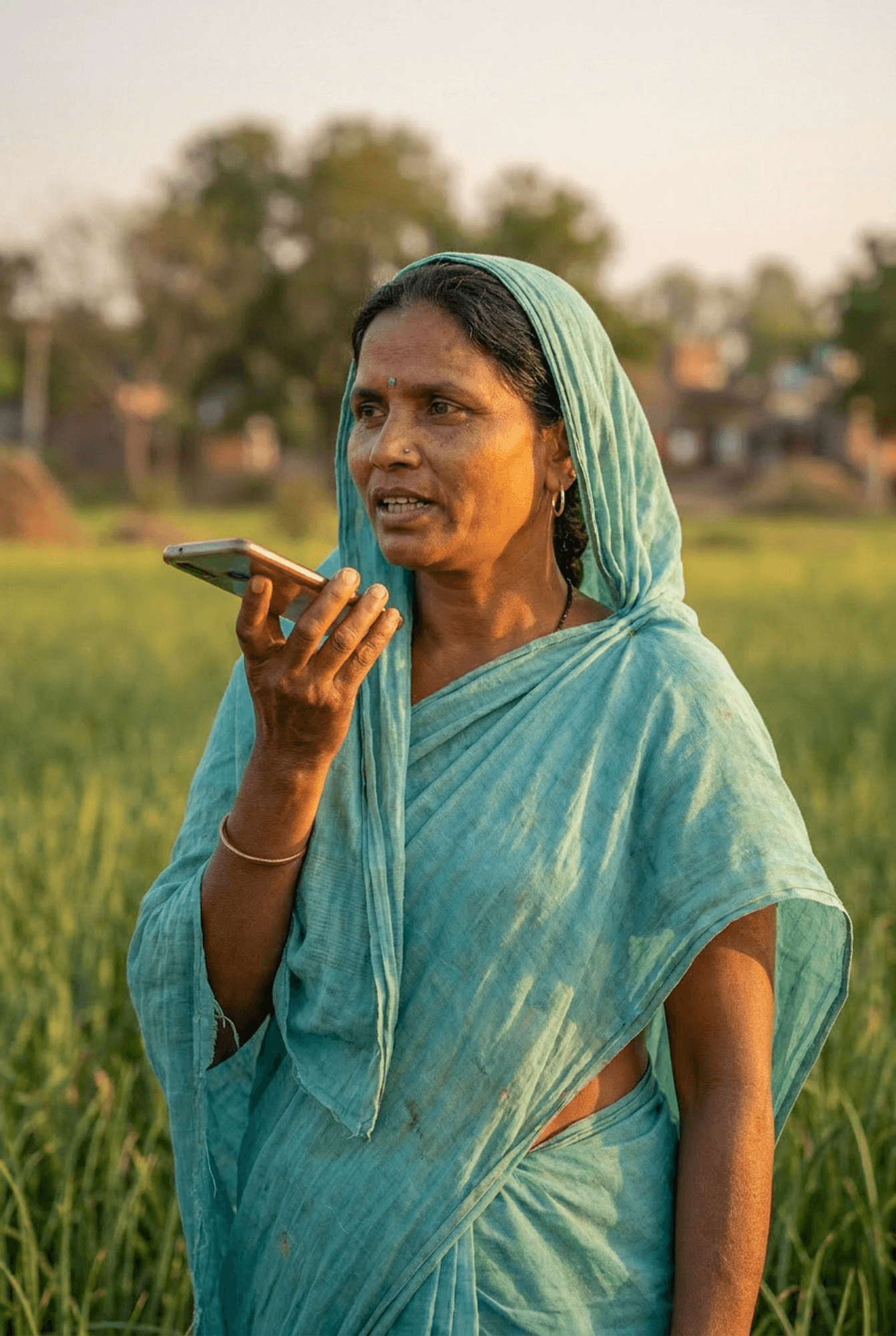 A woman holds a smartphone near her mouth while standing in a field.